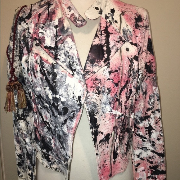 White Painted Cropped Jacket Abstract SPACE CANDY - Picture 1 of 6